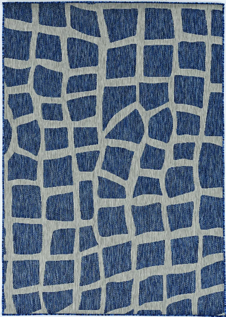 Blue Grey Machine Woven UV Treated Abstract Indoor Outdoor Area Rug Photo 1