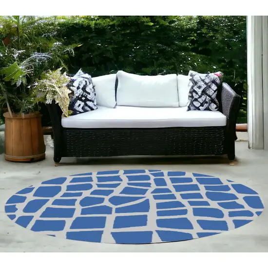 8' Blue Grey Machine Woven Uv Treated Animal Print Indoor Outdoor Round Area Rug Photo 1