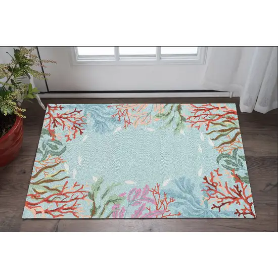 2'X4' Blue Hand Hooked Bordered Coral Reef Indoor Accent Rug Photo 1