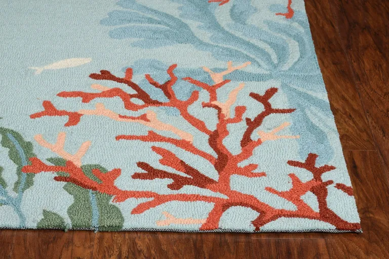 Blue Hand Hooked Bordered Coral Reef Indoor Accent Rug Photo 4