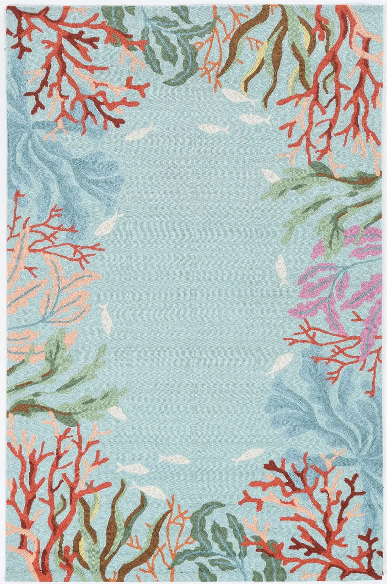 Blue Hand Hooked Bordered Coral Reef Indoor Accent Rug Photo 1