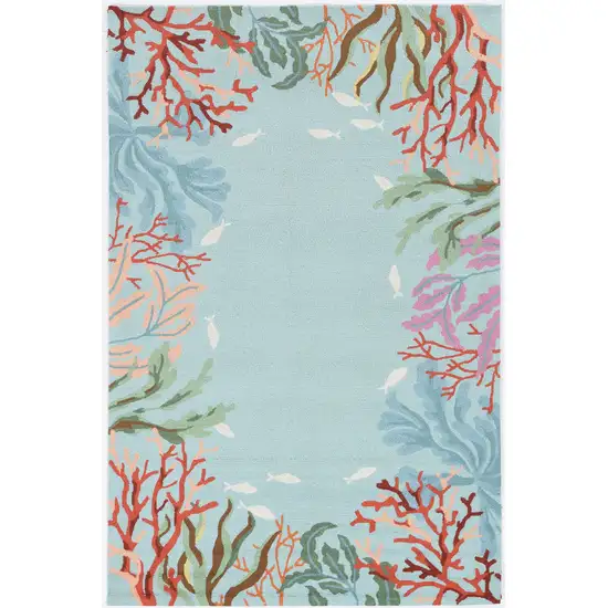 Blue Hand Hooked Bordered Coral Reef Indoor Accent Rug Photo 1