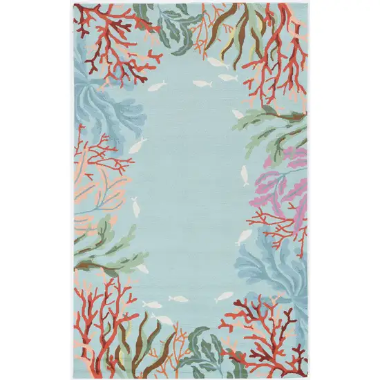 Blue Hand Hooked Bordered Coral Reef Indoor Accent Rug Photo 2