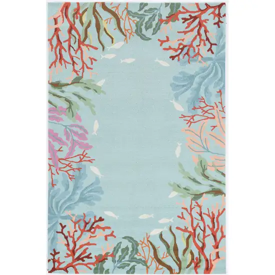 2'X4' Blue Hand Hooked Bordered Coral Reef Indoor Accent Rug Photo 2