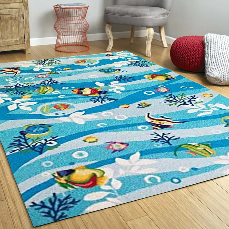 Blue Hand Hooked Marine Life Indoor Area Rug Photo 2