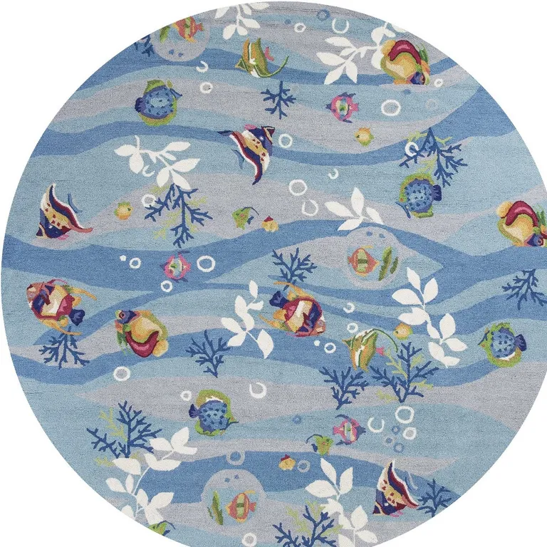 Blue Hand Hooked Marine Life Round Indoor Area Rug Photo 4