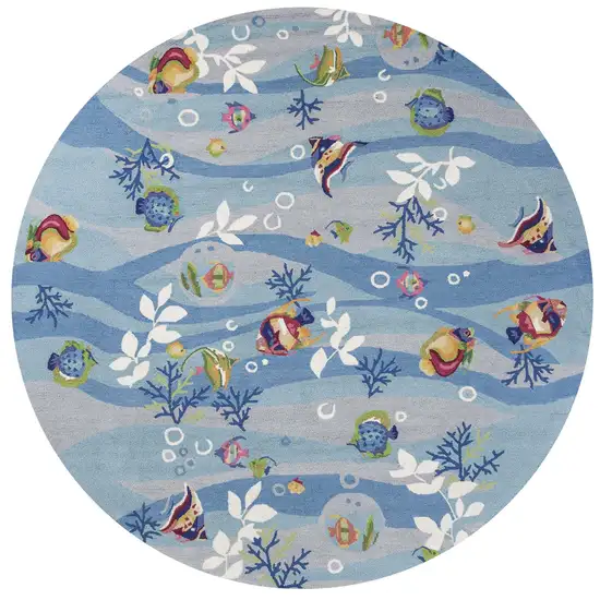 Blue Hand Hooked Marine Life Round Indoor Area Rug Photo 3