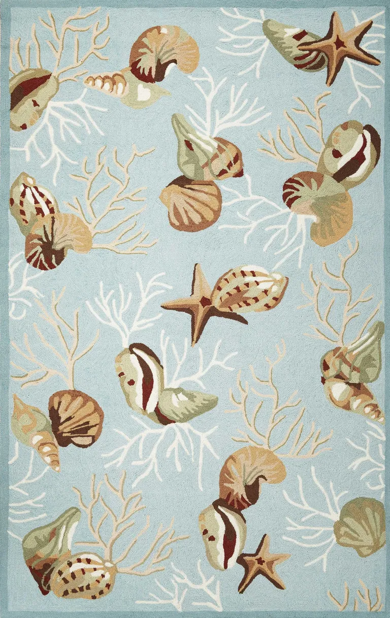 Blue Hand Hooked Sea Shells Indoor Accent Rug Photo 1