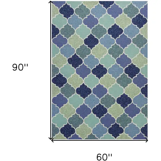 5'X8' Blue Hand Hooked Uv Treated Quatrefoil Indoor Outdoor Area Rug Photo 3