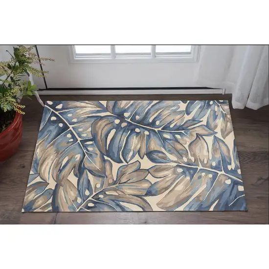 Beige and Blue Wool Tropical Botanical Hand Tufted Area Rug Photo 1