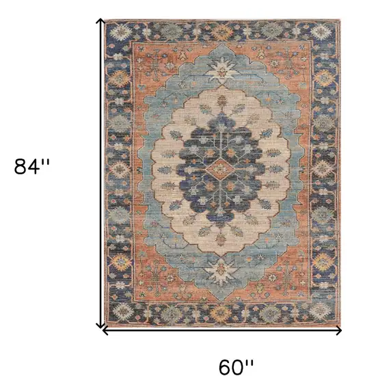 5'X7' Blue Hand Woven Floral Medallion Indoor Area Rug Photo 3