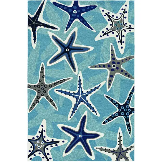 5'X8' Blue Hand Woven Uv Treated Coastal Starfish Indoor Outdoor Area Rug Photo 2