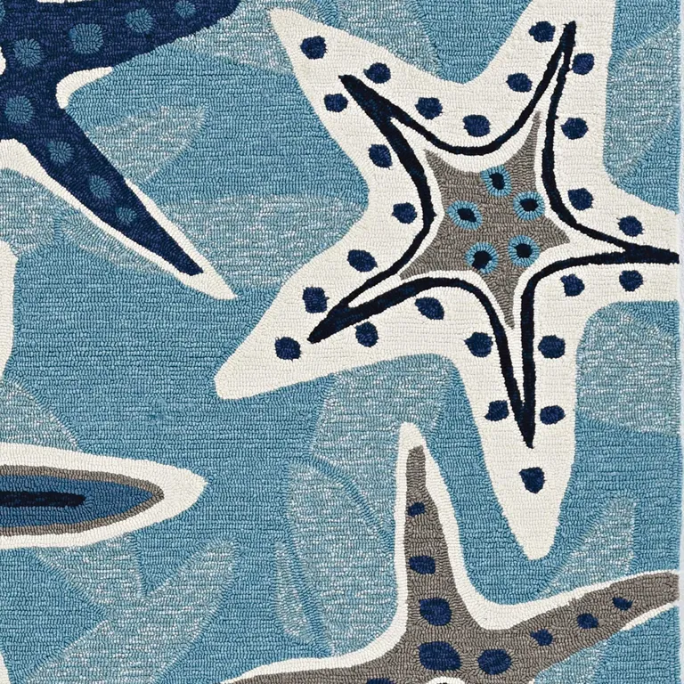 Blue Hand Woven UV Treated Coastal Starfish Indoor Outdoor Area Rug Photo 1