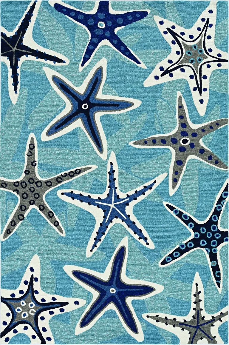 Blue Hand Woven UV Treated Coastal Starfish Indoor Outdoor Area Rug Photo 3