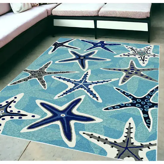 5'X8' Blue Hand Woven Uv Treated Coastal Starfish Indoor Outdoor Area Rug Photo 1