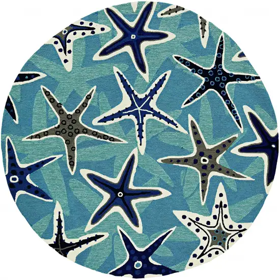 Blue Hand Woven UV Treated Coastal Starfish Round Indoor Outdoor Area Rug Photo 4