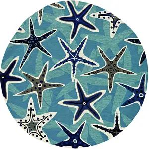 Photo of Blue Hand Woven UV Treated Coastal Starfish Round Indoor Outdoor Area Rug