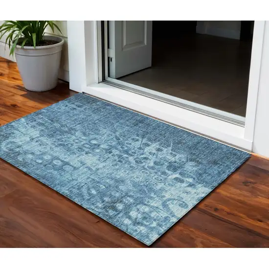 Blue Ikat Washable Non Skid Indoor Outdoor Area Rug Photo 1