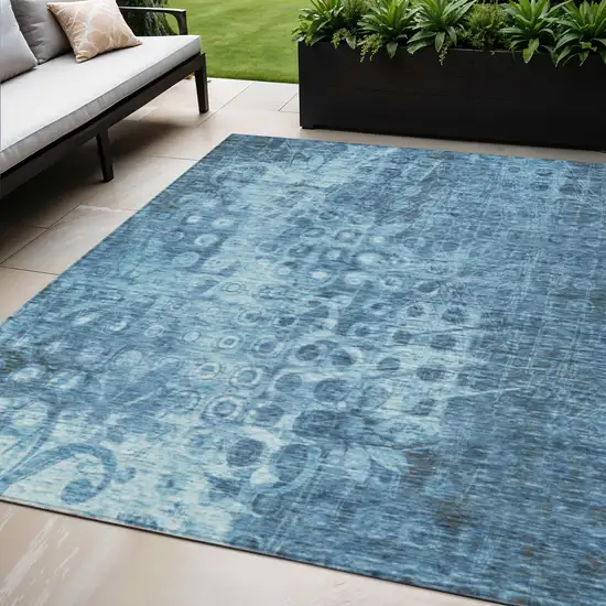 Blue Ikat Washable Non Skid Indoor Outdoor Area Rug Photo 1