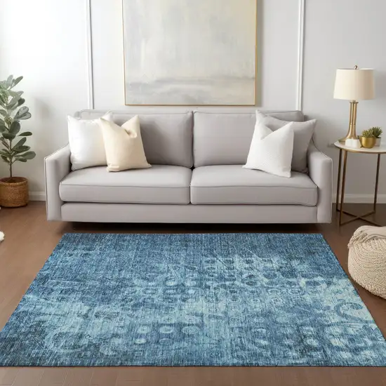 Blue Ikat Washable Non Skid Indoor Outdoor Area Rug Photo 7