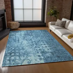 Photo of Blue Ikat Washable Non Skid Indoor Outdoor Area Rug