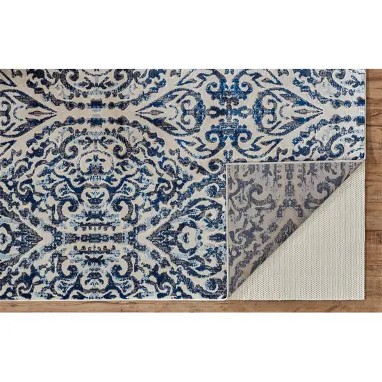 Blue Ivory And Black Floral Distressed Stain Resistant Area Rug Photo 2