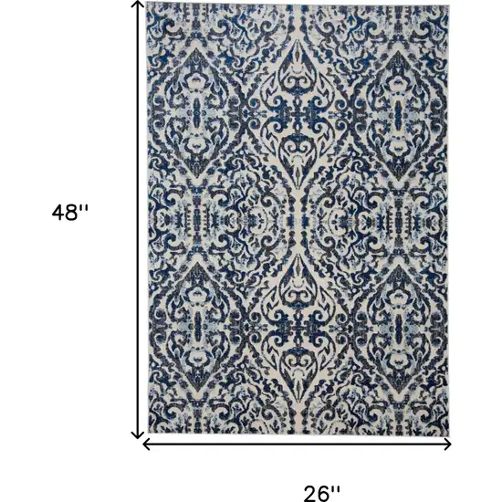 Blue Ivory And Black Floral Distressed Stain Resistant Area Rug Photo 10