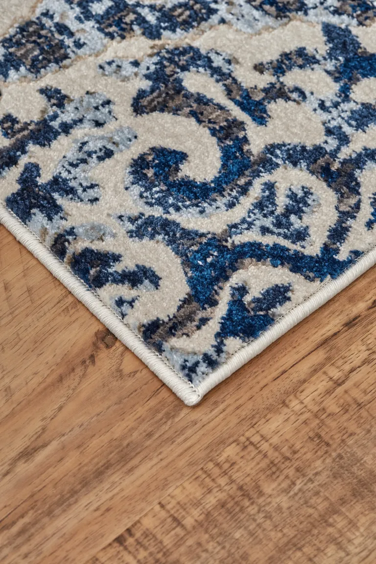 Blue Ivory And Black Floral Distressed Stain Resistant Area Rug Photo 4