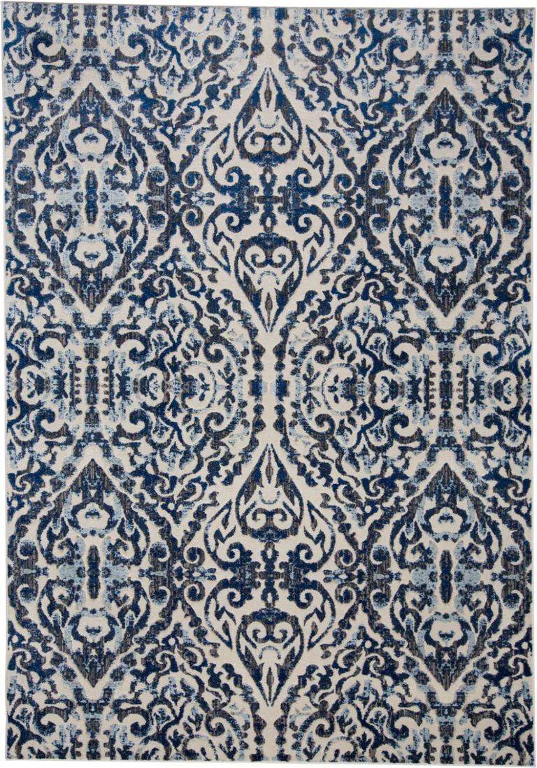 Blue Ivory And Black Floral Distressed Stain Resistant Area Rug Photo 1