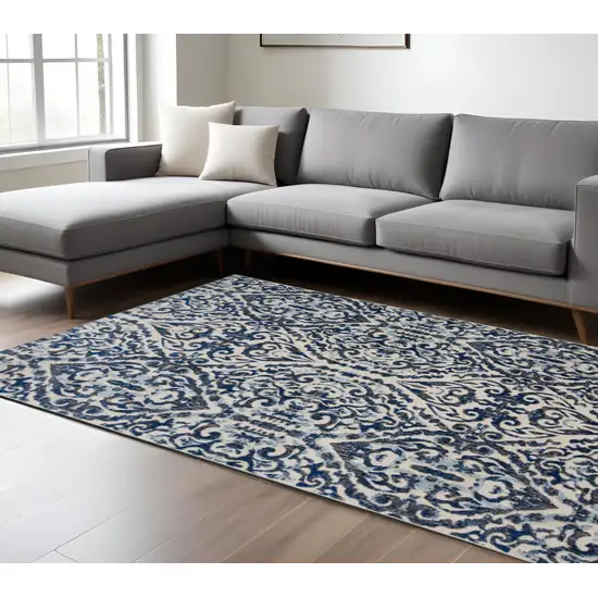 Blue and Ivory Floral Distressed Non Skid Area Rug Photo 1