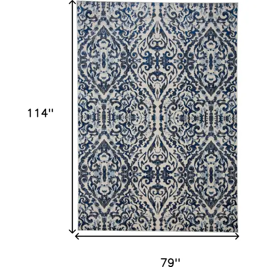 Blue Ivory And Black Floral Distressed Stain Resistant Area Rug Photo 10