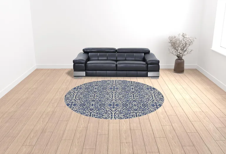 Blue Ivory And Black Round Floral Distressed Stain Resistant Area Rug Photo 2