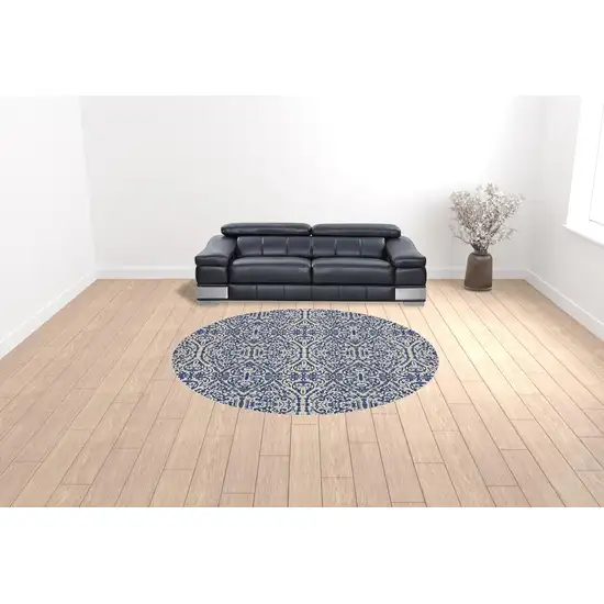 Blue Ivory And Black Round Floral Distressed Stain Resistant Area Rug Photo 2