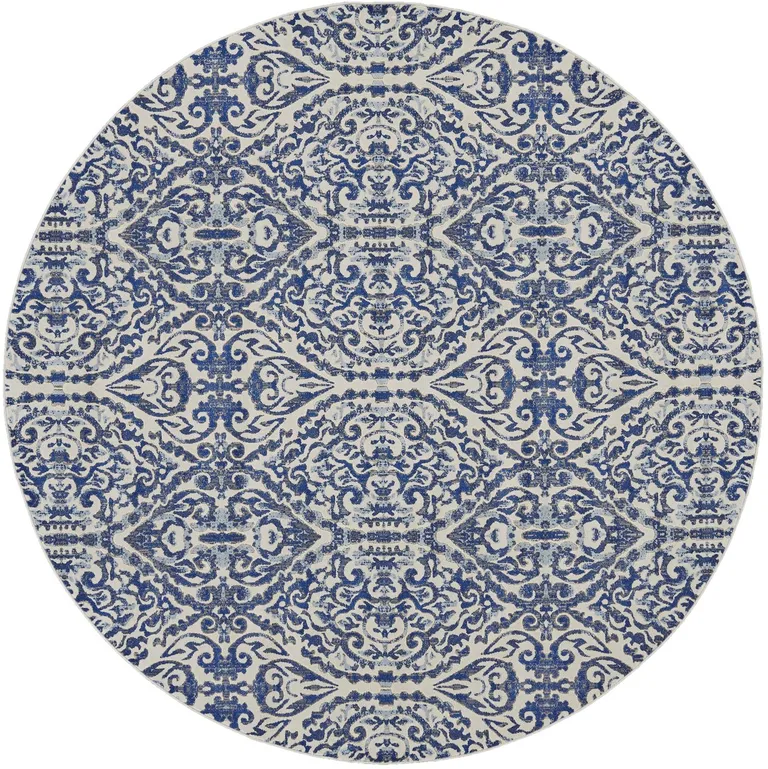 Blue Ivory And Black Round Floral Distressed Stain Resistant Area Rug Photo 1