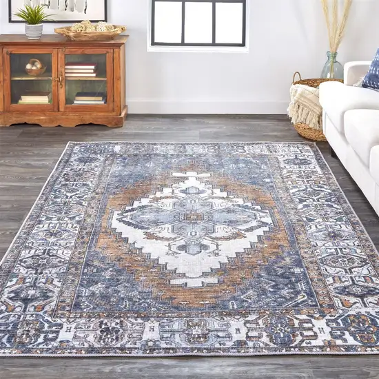 Blue Ivory And Brown Floral Area Rug Photo 4