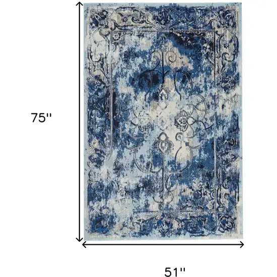 Blue Ivory And Gray Floral Distressed Stain Resistant Area Rug Photo 6