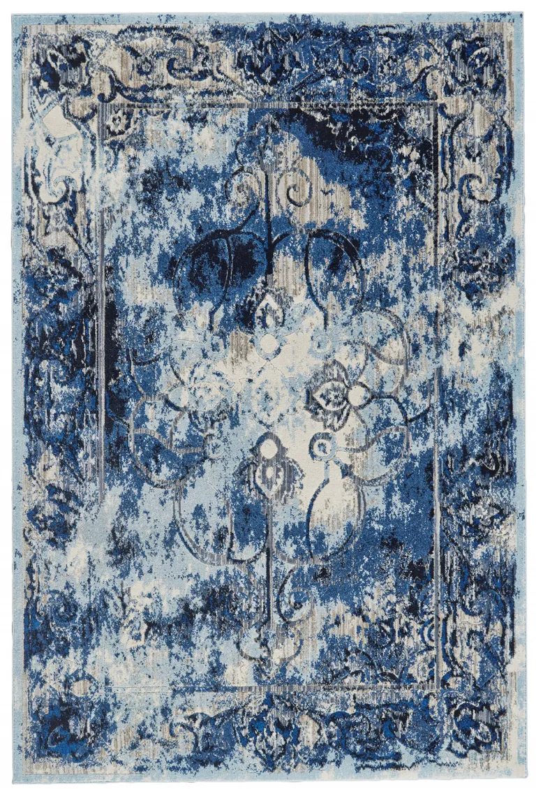 Blue Ivory And Gray Floral Distressed Stain Resistant Area Rug Photo 1