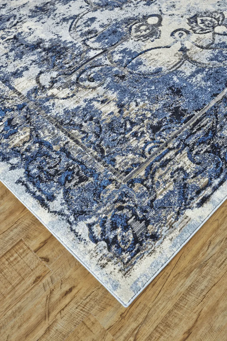 Blue Ivory And Gray Floral Distressed Stain Resistant Area Rug Photo 2