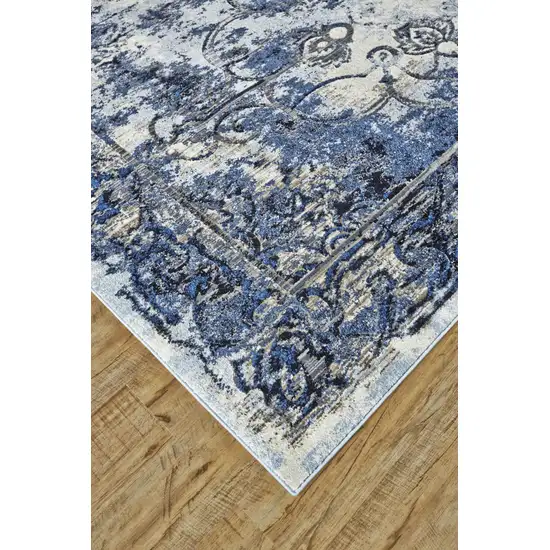 Blue Ivory And Gray Floral Distressed Stain Resistant Area Rug Photo 2