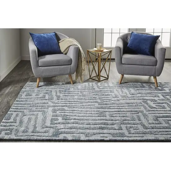 Blue Ivory And Gray Geometric Distressed Stain Resistant Area Rug Photo 8