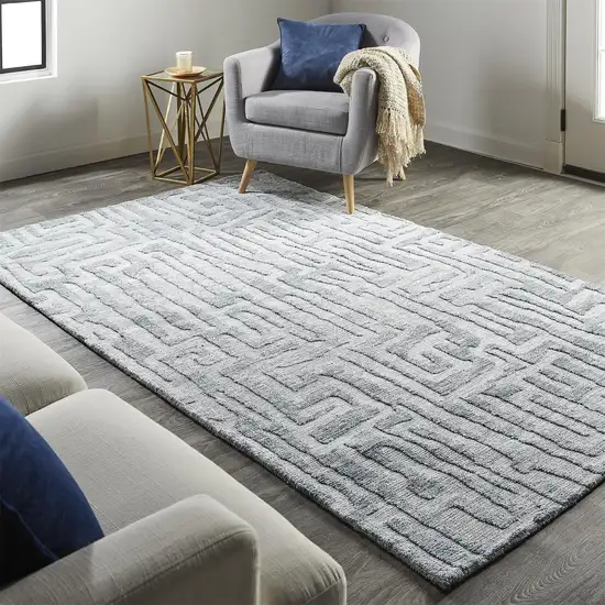 Blue Ivory And Gray Geometric Distressed Stain Resistant Area Rug Photo 4