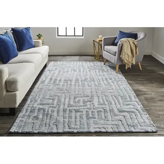 Blue Ivory And Gray Geometric Distressed Stain Resistant Area Rug Photo 6