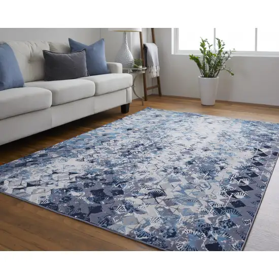 Blue Ivory And Gray Geometric Power Loom Distressed Area Rug Photo 2