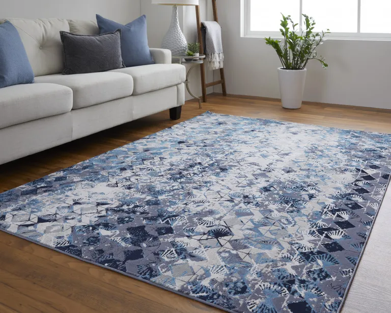 Blue Ivory And Gray Geometric Power Loom Distressed Area Rug Photo 2