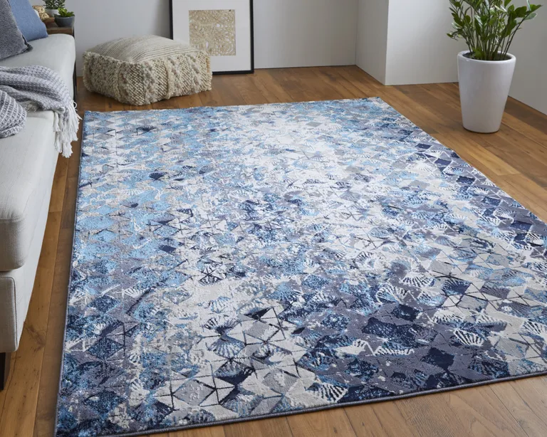 Blue Ivory And Gray Geometric Power Loom Distressed Area Rug Photo 3