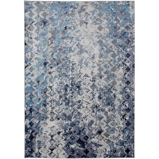 Blue Ivory And Gray Geometric Power Loom Distressed Area Rug Photo 7