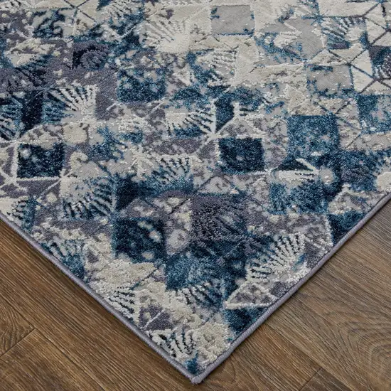 Blue Ivory And Gray Geometric Power Loom Distressed Area Rug Photo 9