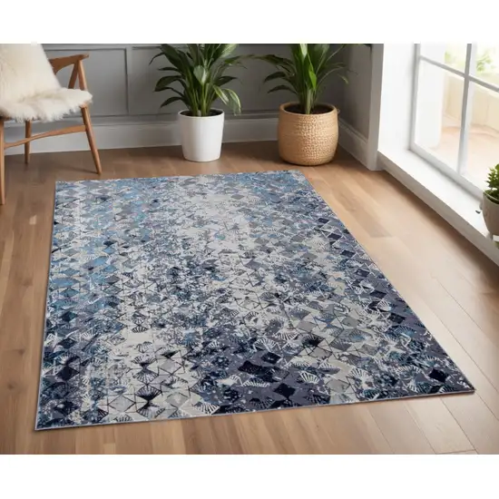 Blue and Ivory Geometric Power Loom Distressed Non Skid Area Rug Photo 1