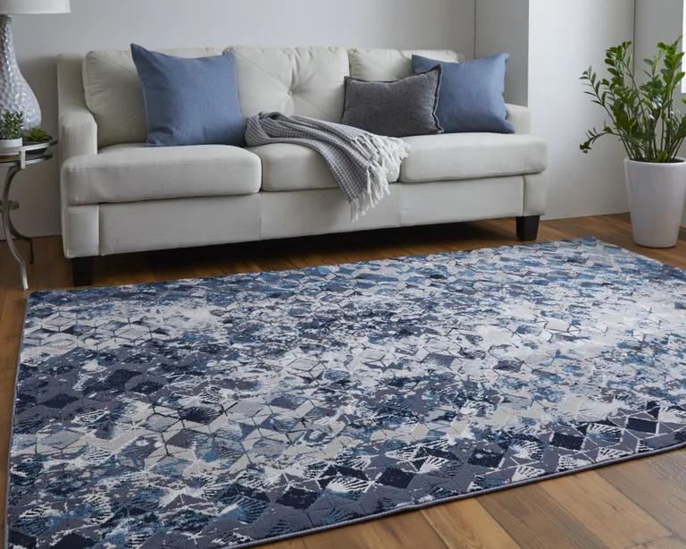 Blue Ivory And Gray Geometric Power Loom Distressed Area Rug Photo 4