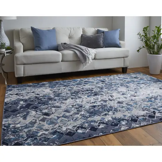 Blue Ivory And Gray Geometric Power Loom Distressed Area Rug Photo 4